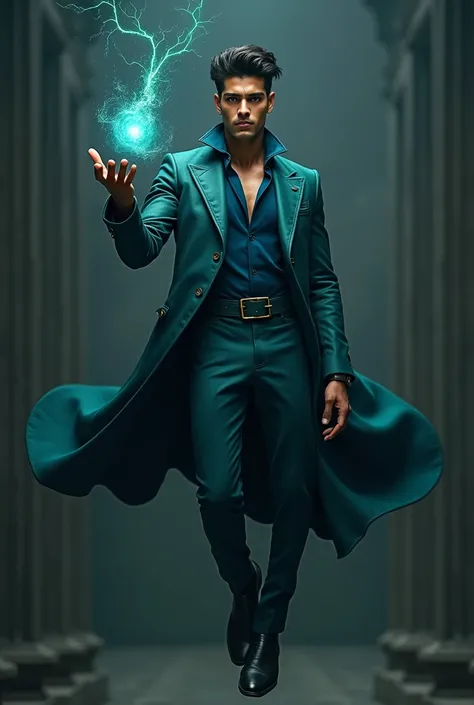  a semi realistic photo,a man,holding a magical thing that is floating in his hand,whole body,wearing blue green clothes,black eye and hair,full body visible ,dark skin tone,man is also floating in air,complex aesthetic pose,3/4 angle view,medium sized hai...