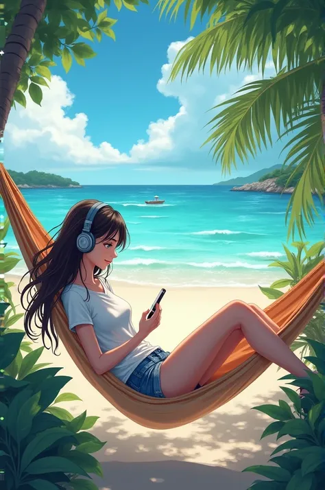 A beautiful girl wearing blue short and white t shirt listening music in the beachside hammock 