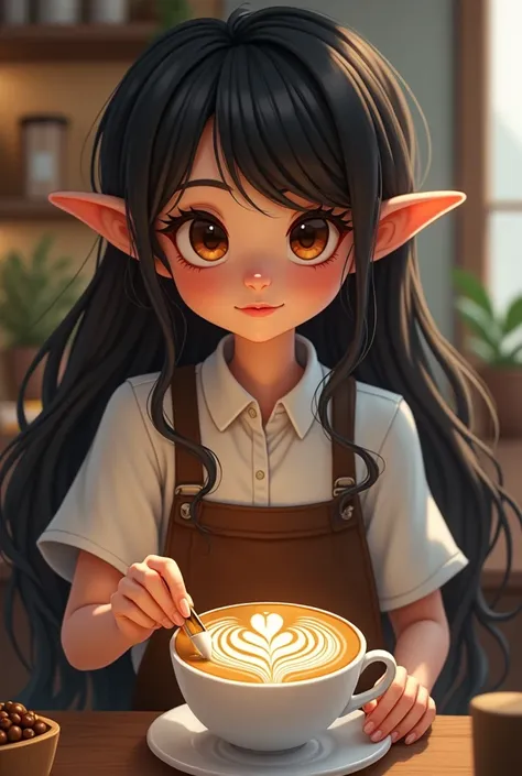 Man in barista uniform, apparently 1, with long hair, large eyes, Brown color, long eyelashes , arched eyebrows, full lips, small chin, Small and well proportioned nose, Long hair covering some features of her face creating a perfect latte,