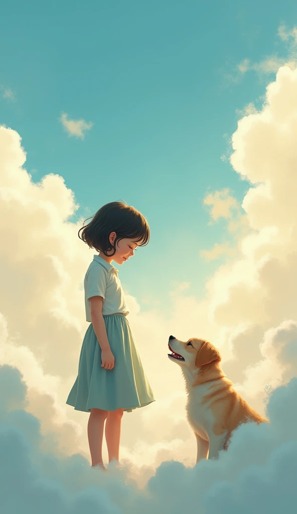 A memory in the clouds of a girl with short hair smiling with her dog friend.  