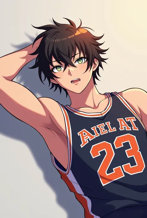 Make an album cover for a trap song with the title 23 artist name (ARIEL AT) that it be an anime style boy who has the Basketball Ball 23 shirt but instead of Jordan it says (ARIEL AT)  and it looks like he is seriously on his back