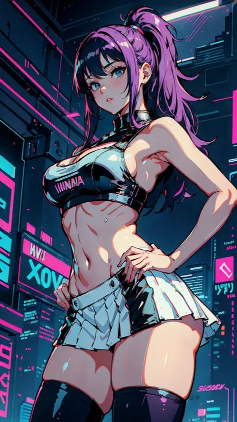 (Hinata Hyuga, Very sensual, In tight clothes, Big Ass, Thick legs, White Mini Skirt Dress, stockings, Navel comes out, Long Hair, Rear speakers, Very realistic, View of the Cyberpunk City, Clearly defined lines, Neon Lights Very Sexy, 8k, 8k Very detailed...