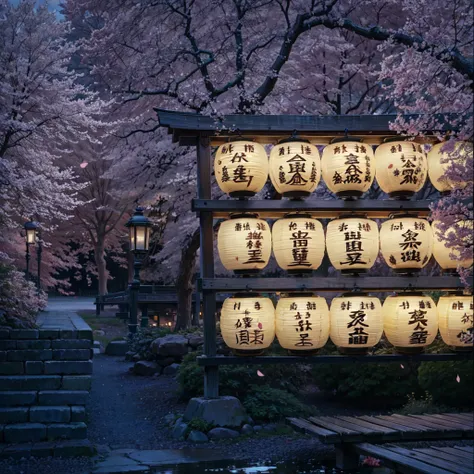 Glowing traditional Japanese lanterns in an outdoor setting adorned with cherry blossom trees during twilight. Each lantern is inscribed with calligraphy, likely indicating offerings or dedications. The scene is serene and beautifully illuminated by the so...