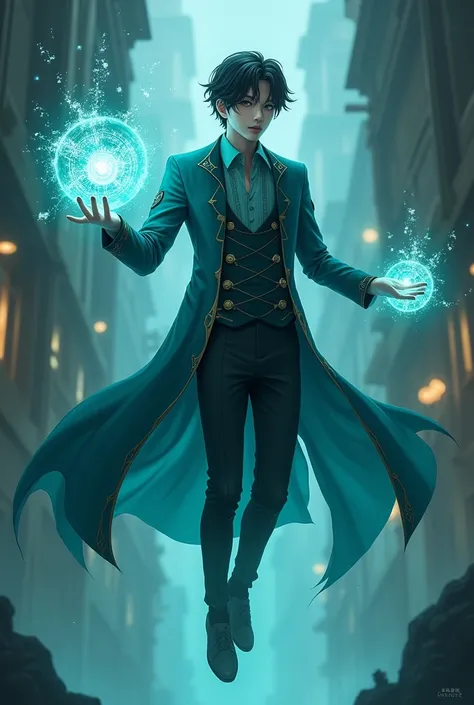  a semi realistic photo,a man,holding a magical thing that is floating in his hand,whole body,wearing blue green clothes,black eye and hair,full body visible ,man is also floating in air,complex aesthetic pose,3/4 angle view,medium sized hair,handsome male...