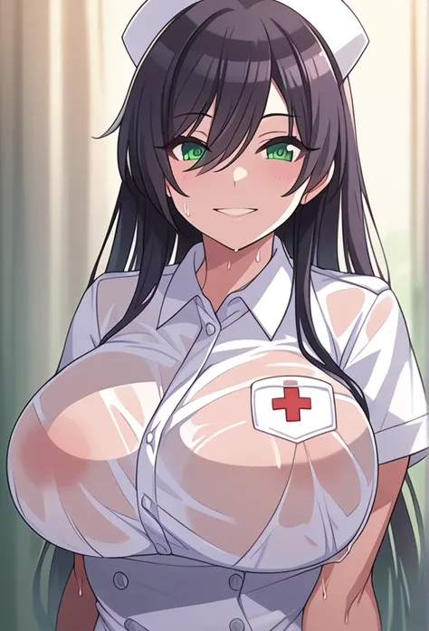 black hair、long hair、green eyes、super huge breasts、、super breasts、、wet skin、dripping sweat、 smile、nurse uniform、see-through、whol...