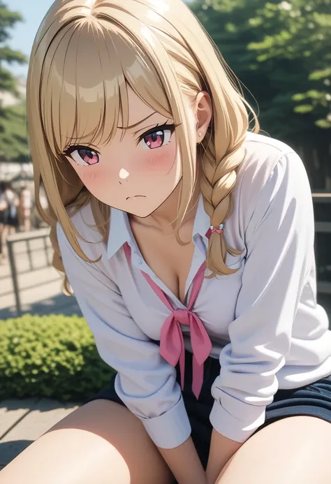 (Highest quality, 4K, 8k, High resolution, masterpiece:1.2), Very detailed, Picturesque, Anime style photo, Photo Anime:1.37)、blonde、gyaru、bitch、pussy juice、arm between legs、tired、frown