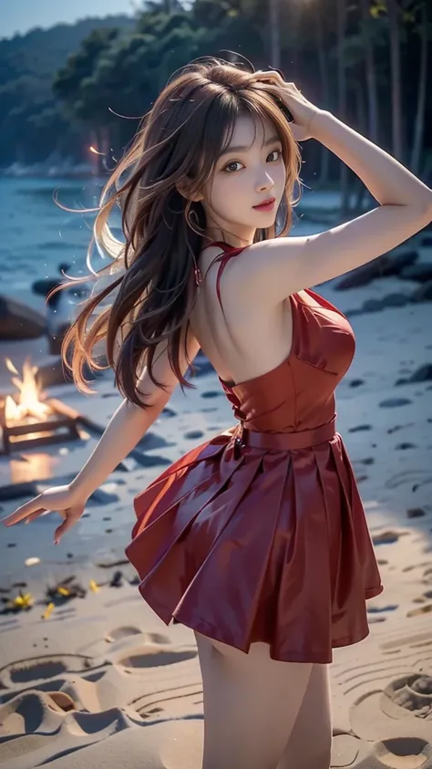 ulzzang-6500-v1.1, (RAW photo: 1.2), (Real photo), (Real photo: 1.4), 1 girl、Perfect anatomy、1、Looking at the camera、Medium length hair、red dress, skirt, Dancing by the campfire on the beach at night, with stars, ((by the beach at night: 1.1))、(Business se...