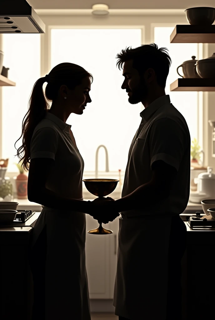 
Silhouettes of Andrea and Jaime with a strainer in their hands, the kitchen in the background with some utensils 