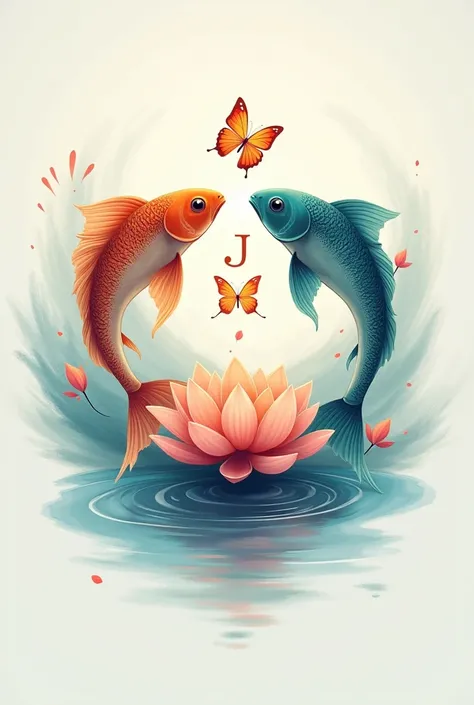 Create a love logo that symbolizes two Pisces with a butterfly and a lotus flower with initials J and M