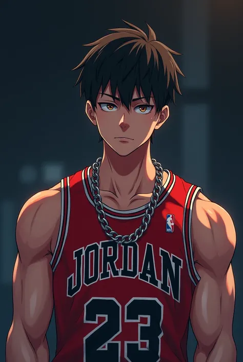 Make an album cover for a trap song with the title 23 artist name (ARIEL AT) that it be an anime style boy who has the Basketball Ball 23 shirt but instead of Jordan it says (ARIEL AT)  and to make it look like he&#39;s serious from behind, put a chain on ...