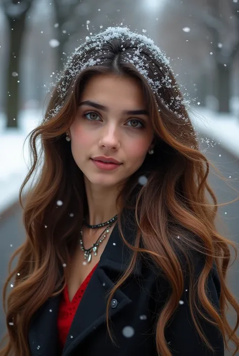 Waving hands through hair,Showing snowfall in black ground,Prompt, realistic influencer Pakistani lovely cute young attractive teenage girl, 1, fair face ,mole on cheek, ,little mouth,cute, beautiful ,snowfall on the top of the head,dimpal ,necklace,earrin...