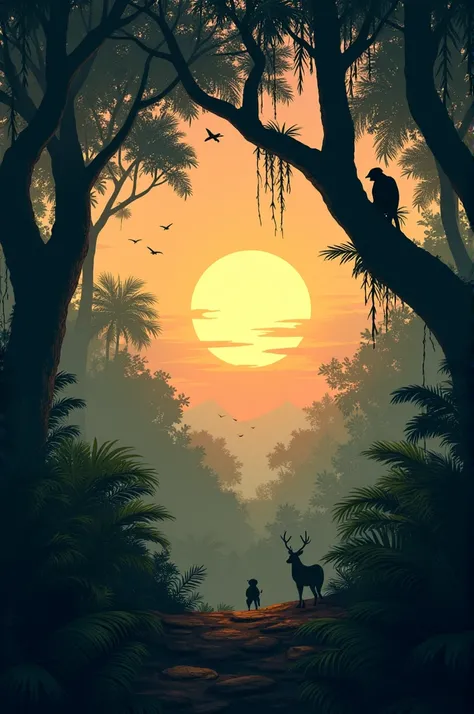 
20. **Evening in the Jungle** - "A beautiful evening scene in the jungle, where the sun is setting and animals are returning to their homes, creating a peaceful atmosphere."