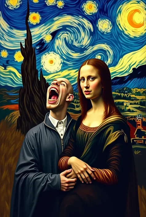 Show me an image that contains the artwork The Scream,the starry Night, and the Mona Lisa