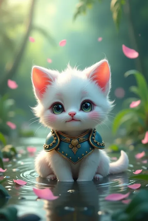 A beautiful kitten of white and blue color and smiling cute face and pink petals fall from sky  in armor take bath in marshy area in jungle leisurely 