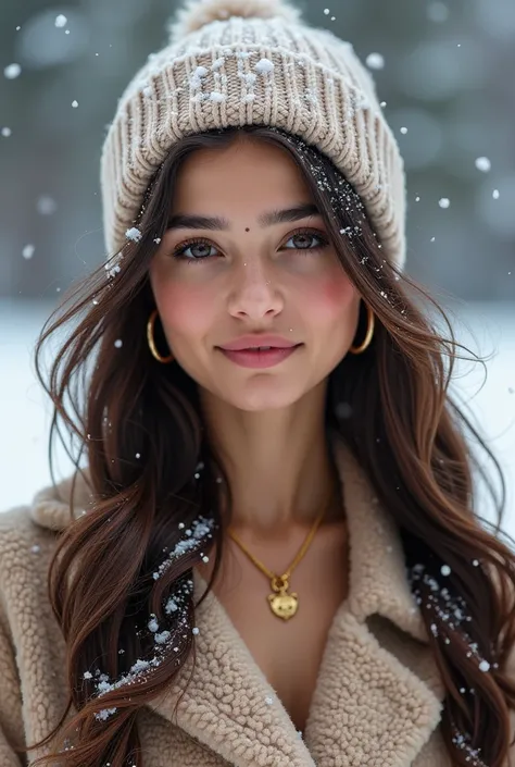 ,Showing snowfall in black ground,Prompt, realistic influencer Pakistani lovely cute young attractive teenage girl, 1, fair face ,mole on cheek, ,little mouth,cute, beautiful ,snowfall on the top of the head,dimpal ,necklace,earrine,,an Instagram model,lon...