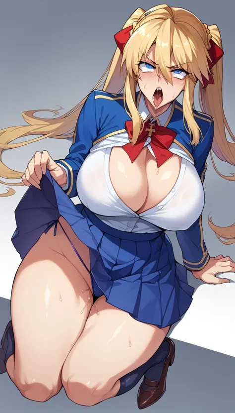 Artoria Pendragon, sticking out the ass, angry, ahegao, big ass, big tits, high heel, long hair, blue eyes, large breasts, cleavage, hair between eyes, two pigtails, red ribbon,large breasts,female school uniform, thread thong, without accessories,