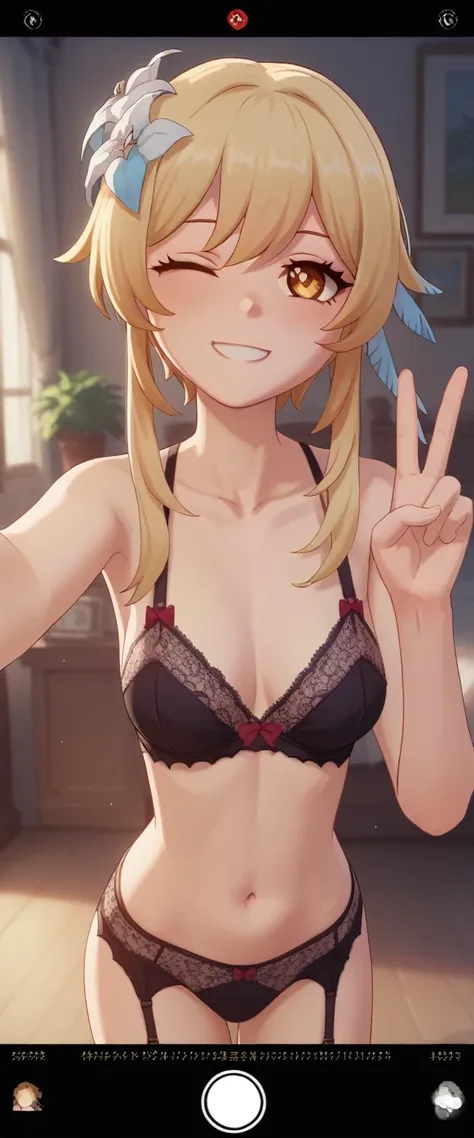 Lumine Genshin Impact game style, 3D,lingerie, selfie, user interface, fake screenshot, viewfinder,smiling,one peace sign,winking 