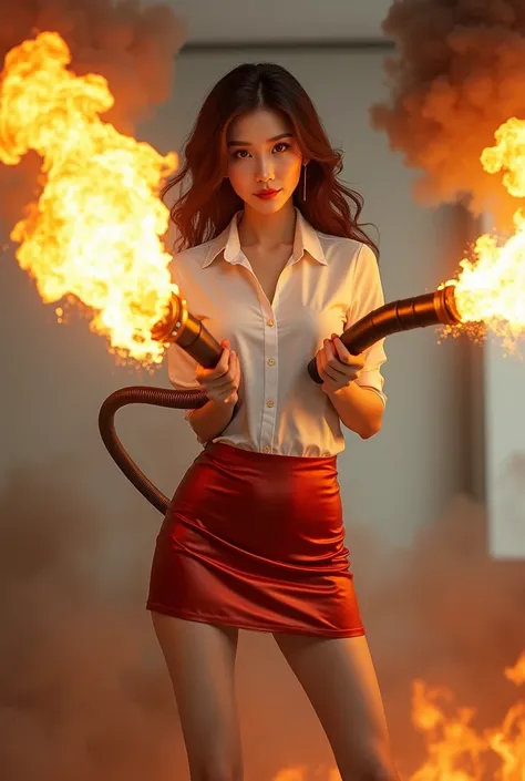 real person realistic beautiful korean office lady in shirt and satin tight mini skirt fighting standing upright stance legs wide open spreading full portrait holding one long flame thrower firehose packing gasoline tank aiming muzzle pointing towards you ...