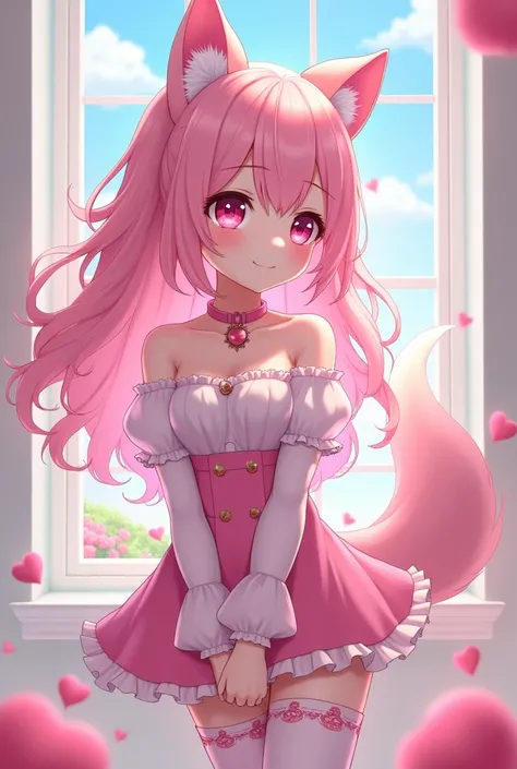 cute, pink, femboy, wearing female clothes, anime style, high detail, fluffy  ears and tail, wearing pink collar, wearing thigh highs with garter, long pink hair