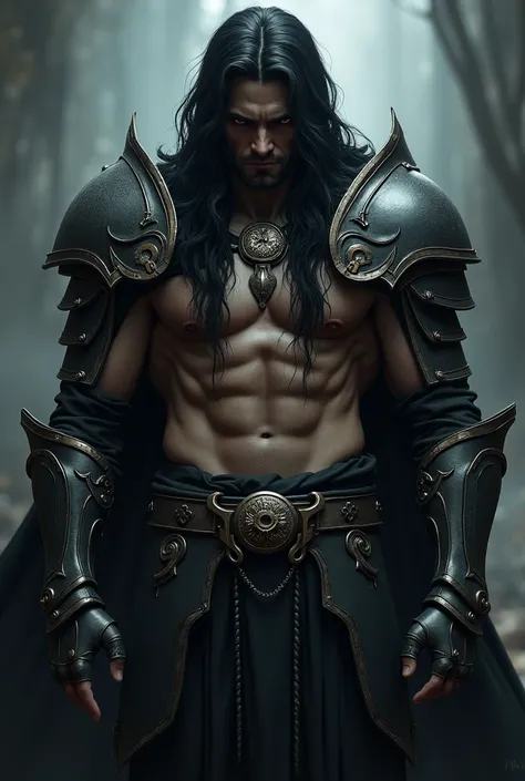 Male oathbreaker Paladin, maskuline, muscle, Long black hair, Sad Emo, dark armor