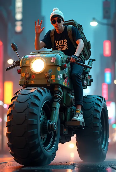 A 2 Asian male teenager, wearing a white beanie hat, wearing sunglasses, wearing a black t-shirt with a big logo "K012", posing waving, riding a large green army robot that is carrying a big stick, the robot is wrapped in stickers with army motifs, has a v...