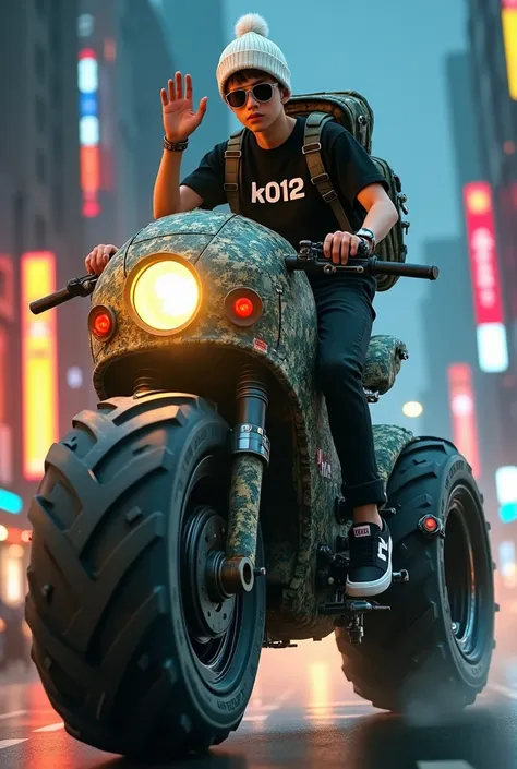 A 2 Asian male teenager, wearing a white beanie hat, wearing sunglasses, wearing a black t-shirt with a big logo "K012", posing waving, riding a large green army robot that is carrying a big stick, the robot is wrapped in stickers with army motifs, has a v...