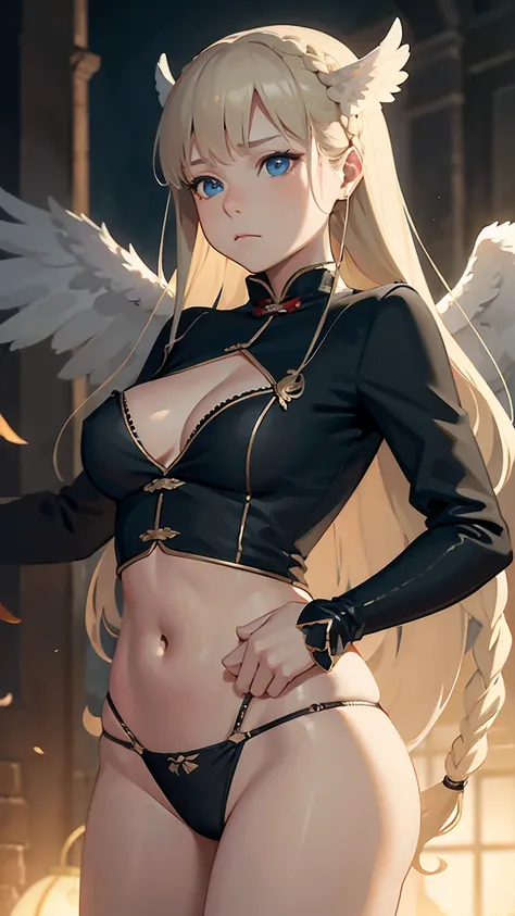 Ultra realistic  girl.,    body  , long blonde hair braided bangs , only ,  six plans  ,   , panties  , threatening face , Angel wings  ,  Dungeon  .