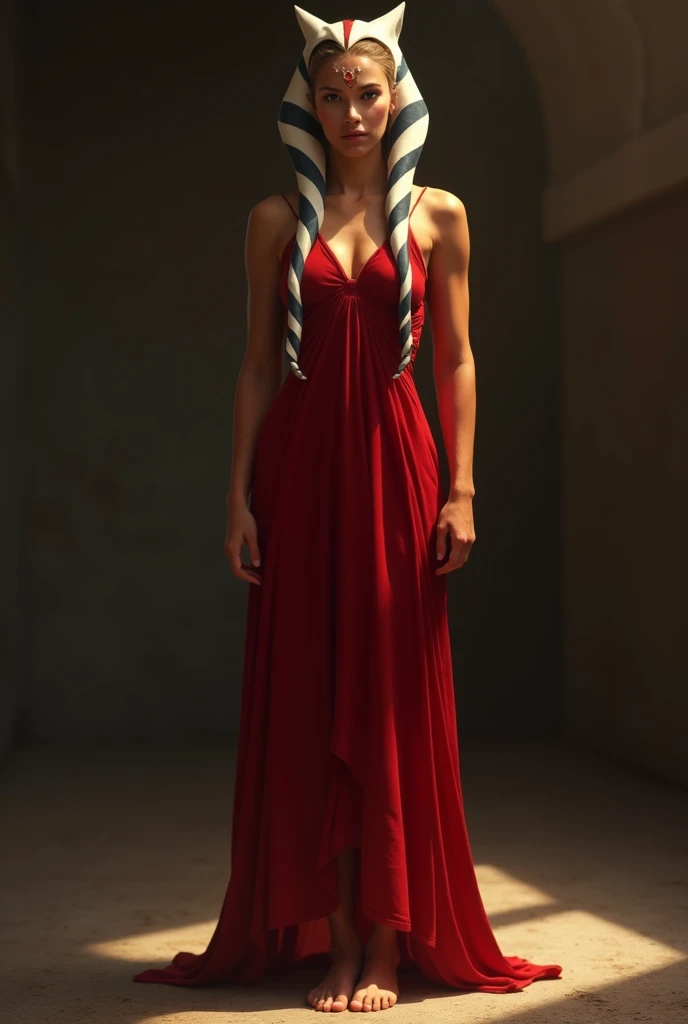 Ahsoka tano standing barefoot wearing a red sleeveless nightgown 