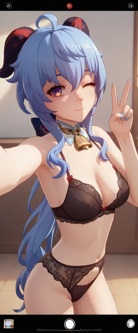 Ganyu Genshin Impact game style, 3D, sexy lingerie, selfie, user interface, fake screenshot, viewfinder,smiling,one peace sign,winking 