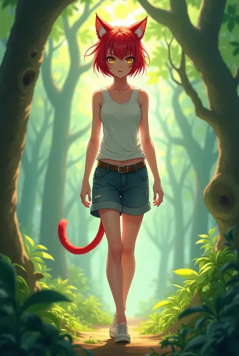 Anime boy with short red hair and yellow eyes, with cat ears and tail, eke has feminine features(Scrawny, curves and short) looking like a girl, he is wearing a tank top and shorts, he is walking in the forest