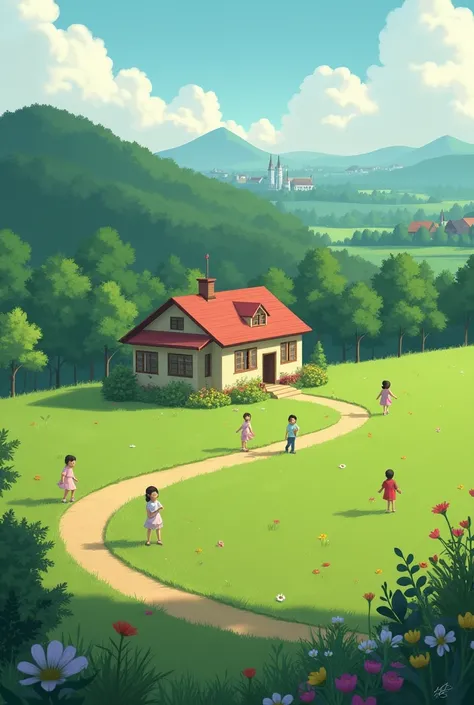 a orphanage in a field with a florest behind it and a rural city in the distance