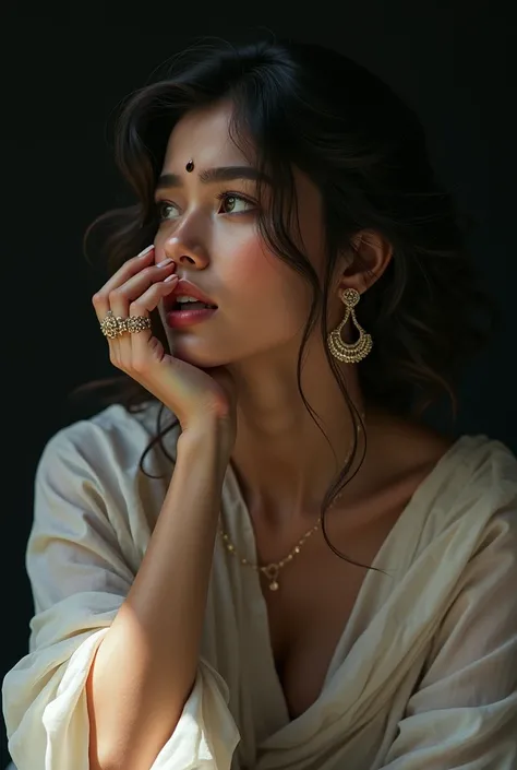 A beautiful white skin tone young lady,name is Ishani, long eyelashes,long nails and rings, ,glowing body,wear kurti ,she is very sad and crying sit a bad 