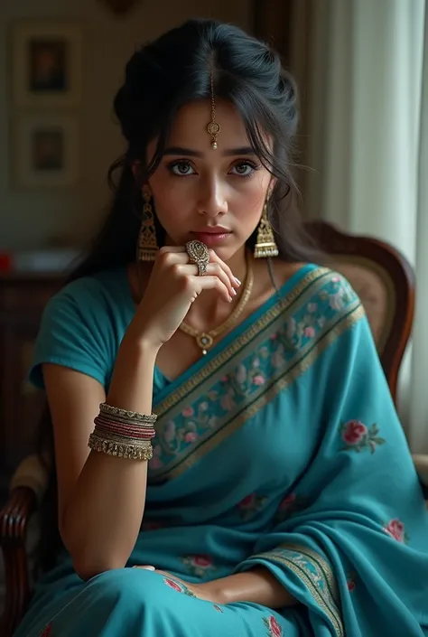 A beautiful white skin tone young lady,long eyelashes,long nails and rings, ,glowing body,wear blue flower saree with blouse,bindi, vermilion,she is very sad and crying sit a chair while room 