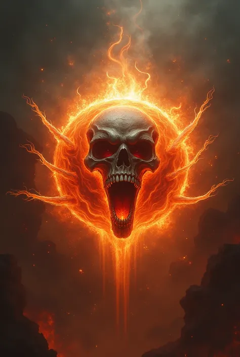 Create an image of a ball that gives the illusion of fire with a skull face that is screaming and long arms.
