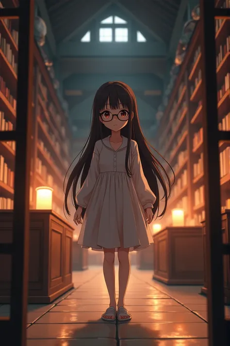 Anime girl with long hair and glasses standing in a library and is ready to take a nice bath