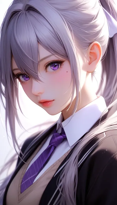 hk1, purple eyes, grey hair, hair between eyes, long hair, very long hair, ponytail, mole, mole under eye, bow, white bow, shirt...