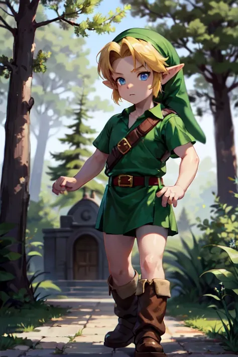 young link, chico, by rubio, blue eyes, has, pointy ears, green tunic, belt, boots, looking at the viewer, outside, magic forest...