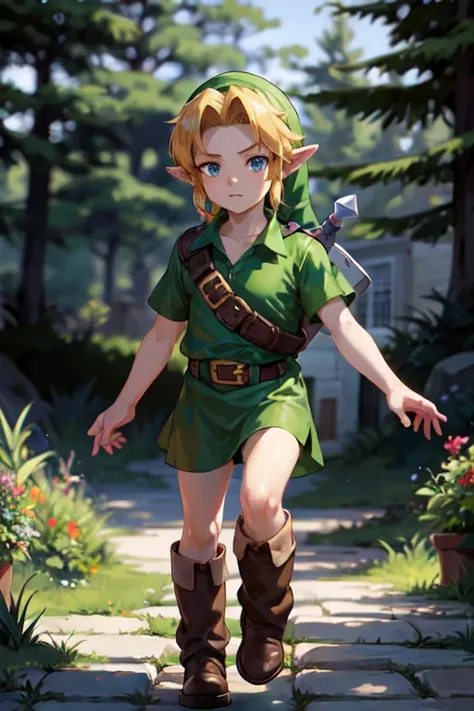 young link, chico, by rubio, blue eyes, has, pointy ears, green tunic, belt, boots, looking at the viewer, outside, magic forest...