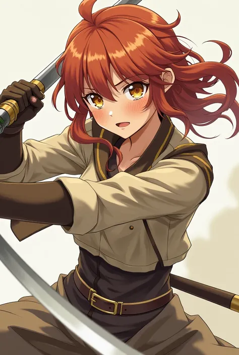 Drawing of anime warrior with swords, beige and brown clothing color, copper hair and freckles on the face. Brown eyes 