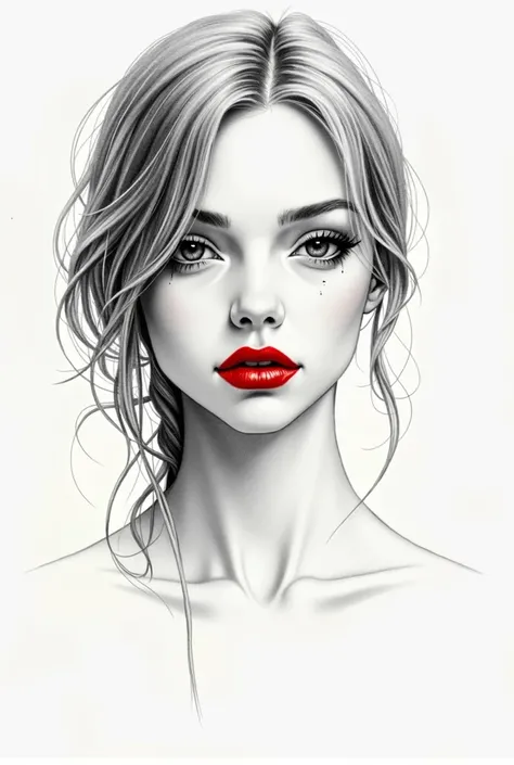 A charming minimalist pencil portrait of a girl. Realistically lifelike, the delicate strokes follow the contours of the face making it stand out clearly. on white background. Focus on the glossy, soft, plump red pencil lips contrasting against the monochr...