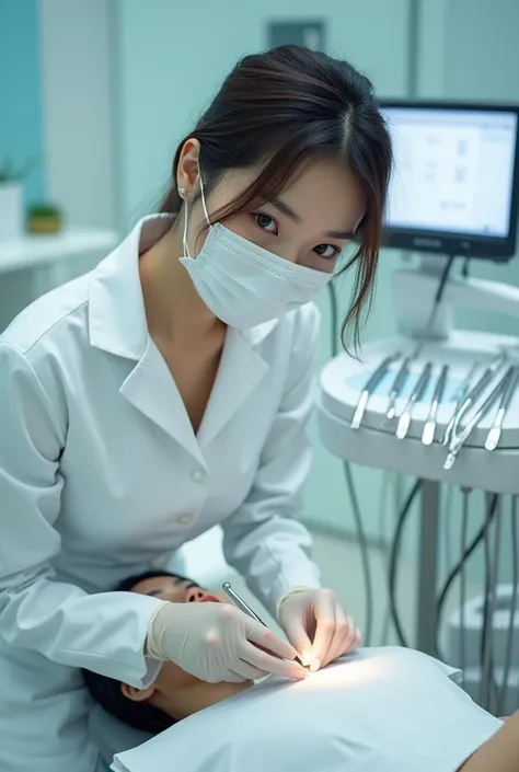 Sexy Korean dentist girl in latex gloves, mask, Dental examination table and instruments 