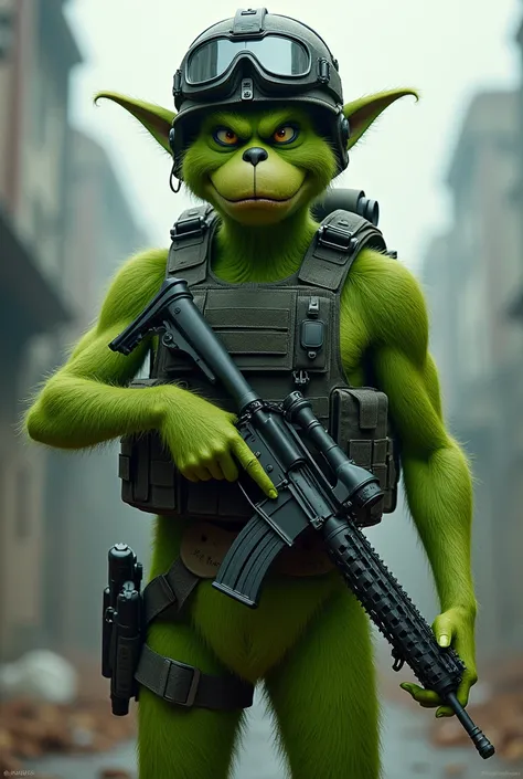 Naked cartoon grinch with rifle, helmet and tactical vest walking
