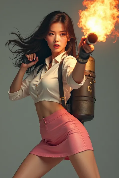 real person realistic beautiful korean office lady in satin white shirt and pink satin tight mini skirt facial expression war cry shouting standing upright stance legs wide spread open full portrait holding a very long flame thrower high pressure fuel shot...