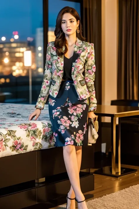 (Floral print blazer)、Business Blouse、(Floral print midi skirt:1.3)、((Full Body Portrait))、(silk pantyhose)、Sitting、(Both legs and high heels look beautiful.)、1 girl、Perfect Anatomy, Perfect body, Perfect hands, Perfect Face, Perfect Eyes, Accurate, Anatom...