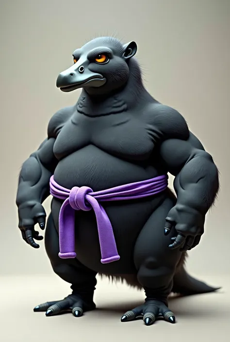 FUSION OF A CAPYBARA WITH A BLACK DUCK, BALD AND WITH A PURPLE JIU JITSU BELT