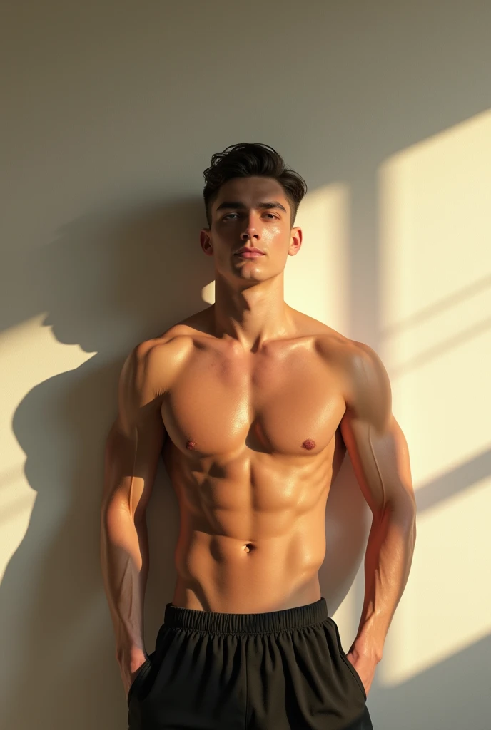 (photorealism:1.5), beautiful normal psychic bodybuilder only 
boys shadow on wall sun


