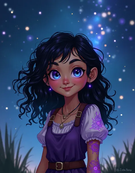 female hobbit with black curly hair and blue-violet glittering eyes. druidin. cheerful mood, medieval fantasy. freckles, purple glowing tattoos on the forearms. at night, stars, cosmos