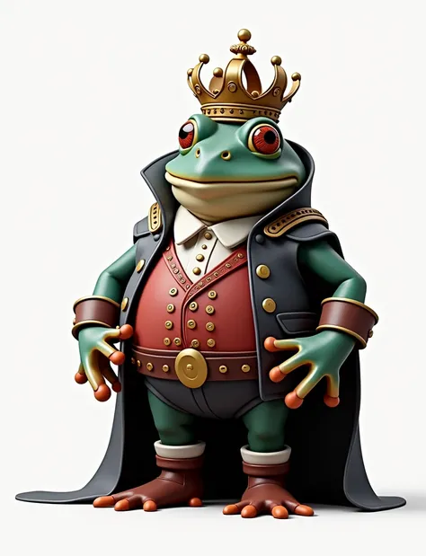 A royal frog stands proudly, adorned with a golden crown and a dark royal cape. Dressed in a sophisticated outfit with a red, perforated vest, leather boots, and a belt with a gold buckle, the frog displays an imposing presence. The light highlights the in...