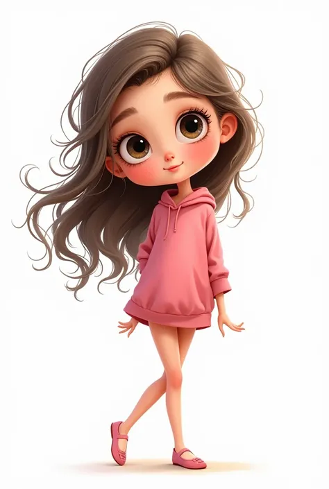 A cartoon girl with long wavy hair  thin with a cute pink child&#39;s outfit with one black eye and a white background 