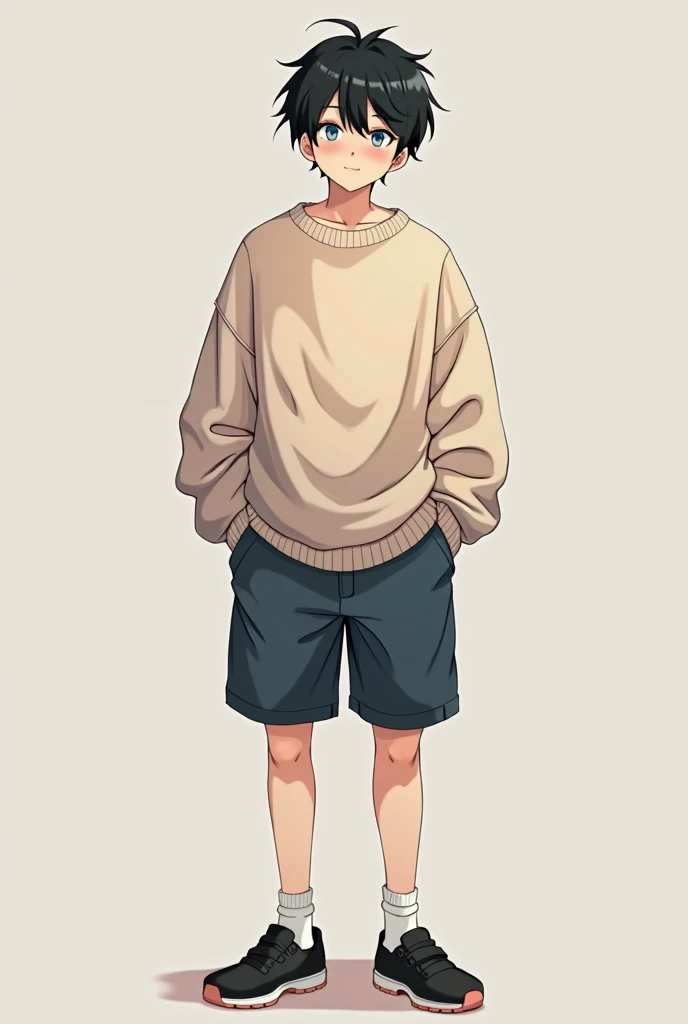 Anime boy over 18 with black hair and blue eyes wearing a sweater and shorts full body... From head to toe and with black shoes 